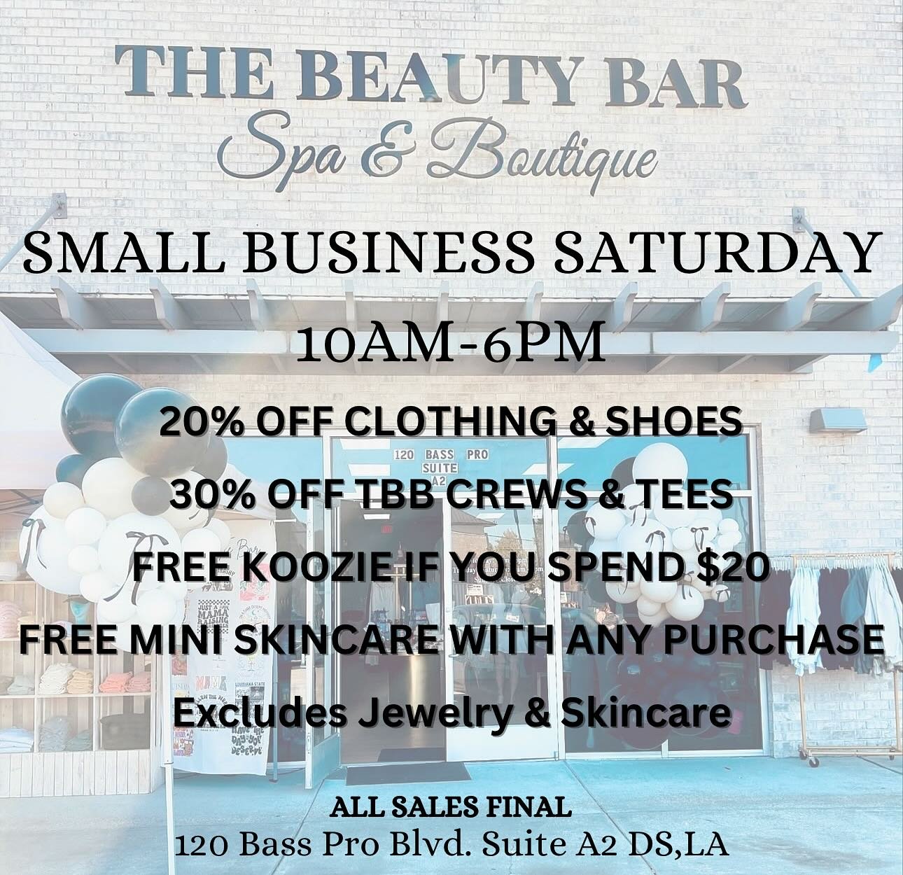 Small Business Saturday 🩷 
SHOP LOCAL 🛍️
Come shop our specials in store with us tomorrow 10AM-6PM! 
〰️20% OFF Clothing &amp; Shoes 
〰️30% OFF TBB Crewnecks &amp; Tees 
〰️Free Mini Skincare Product with every purchase 
〰️Free TBB Koozie if you s